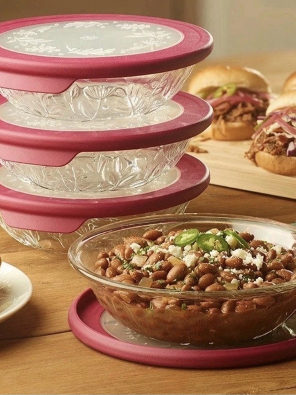 Princess House Wildflower Pasta Bowls (4) w/ Pink Lids (10023) New!